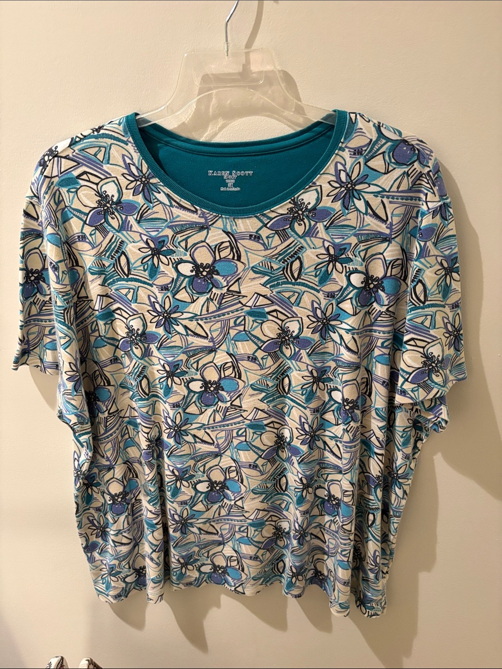 Karen Scott Teal and Blue Floral Short Sleeve Top